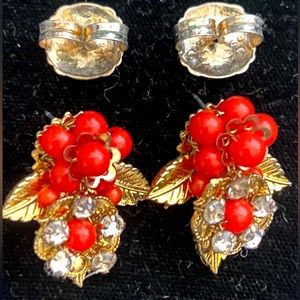 Miriam Haskell NY Mixed Coral Orange Bead & Leaves Earrings